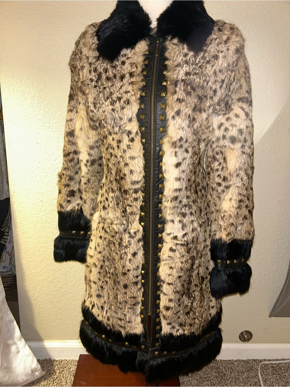 Vintage Rabbit Fur Coat Leopard Print with Black Studded Leather Trim